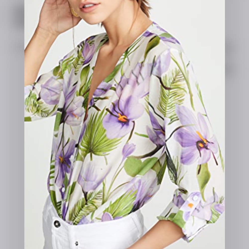 Floral Palm Cream Button Down Blouse Never Worn